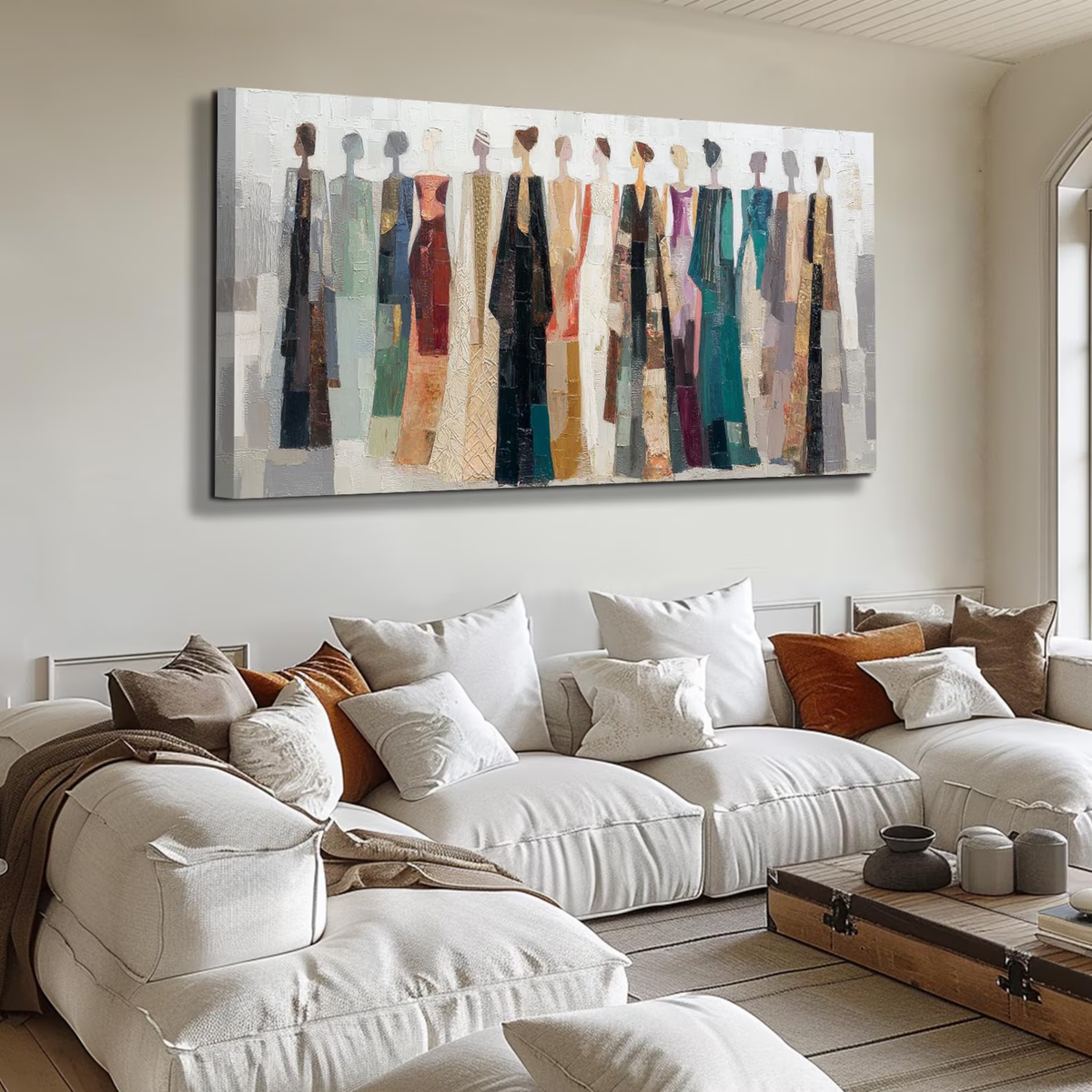 "Colorful Dressed Women Wall" - Modern Heavy Impasto Abstract Artwork | Beige Palette Knife Painting | Luxury Horizontal Wall Art #PT 2619