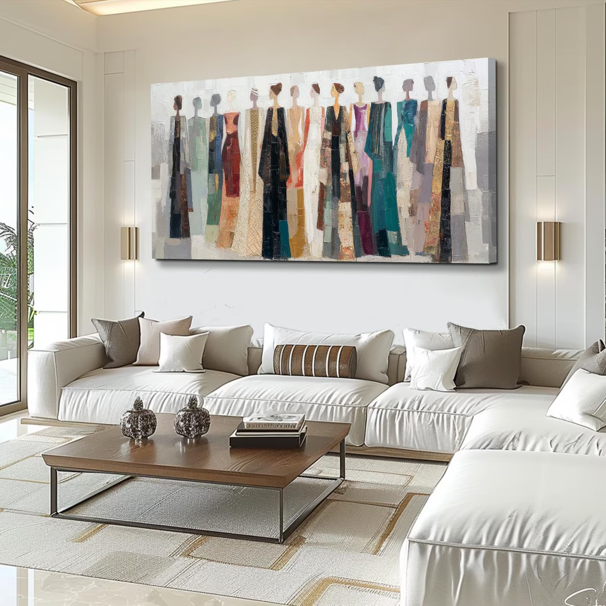 "Colorful Dressed Women Wall" - Modern Heavy Impasto Abstract Artwork | Beige Palette Knife Painting | Luxury Horizontal Wall Art #PT 2619