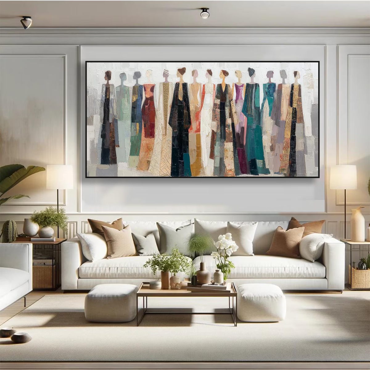 "Colorful Dressed Women Wall" - Modern Heavy Impasto Abstract Artwork | Beige Palette Knife Painting | Luxury Horizontal Wall Art #PT 2619