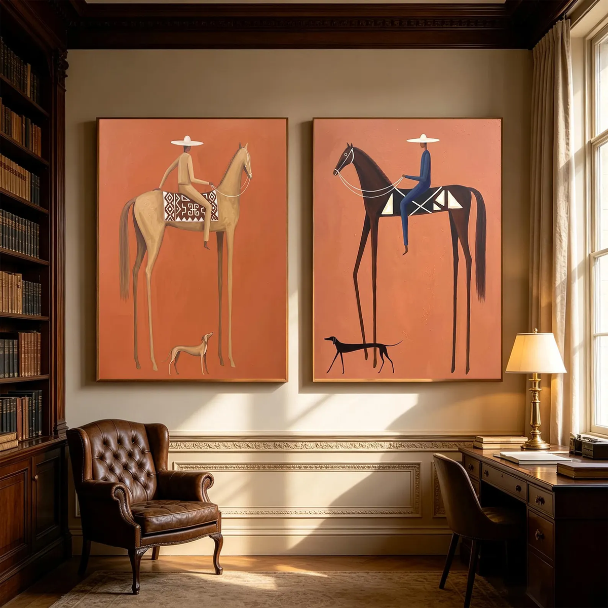 "Terracotta Tall Horse Rider Pair" - Modern Heavy Impasto Western Animal Artwork | Orange Palette Knife Painting | Luxury Two-Panel Vertical Wall Art #PT 2590