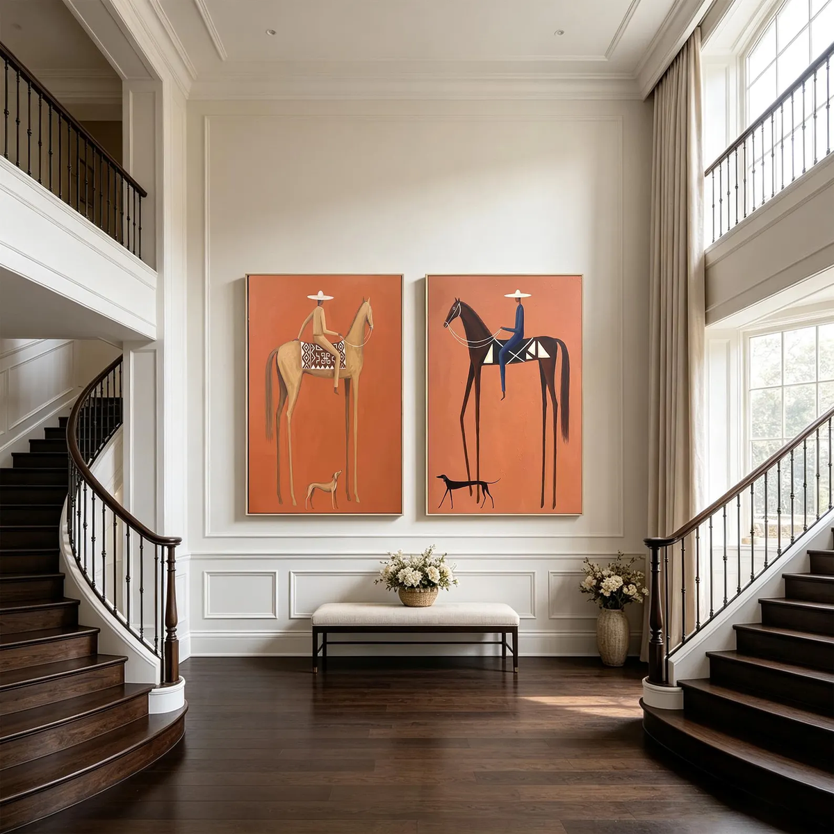"Terracotta Tall Horse Rider Pair" - Modern Heavy Impasto Western Animal Artwork | Orange Palette Knife Painting | Luxury Two-Panel Vertical Wall Art #PT 2590