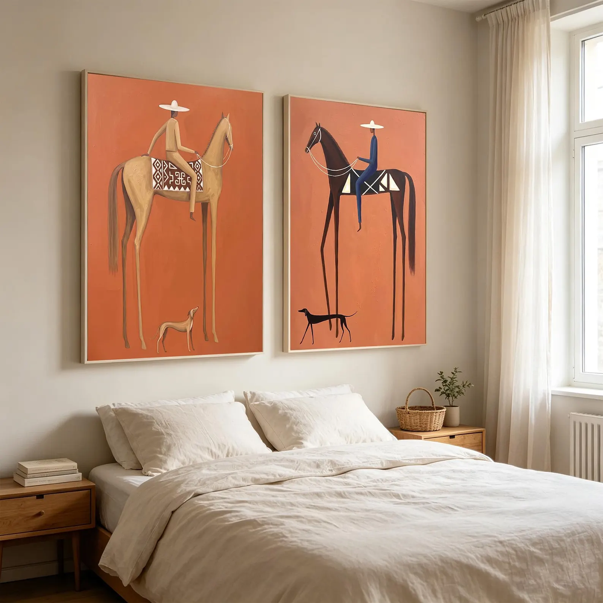 "Terracotta Tall Horse Rider Pair" - Modern Heavy Impasto Western Animal Artwork | Orange Palette Knife Painting | Luxury Two-Panel Vertical Wall Art #PT 2590