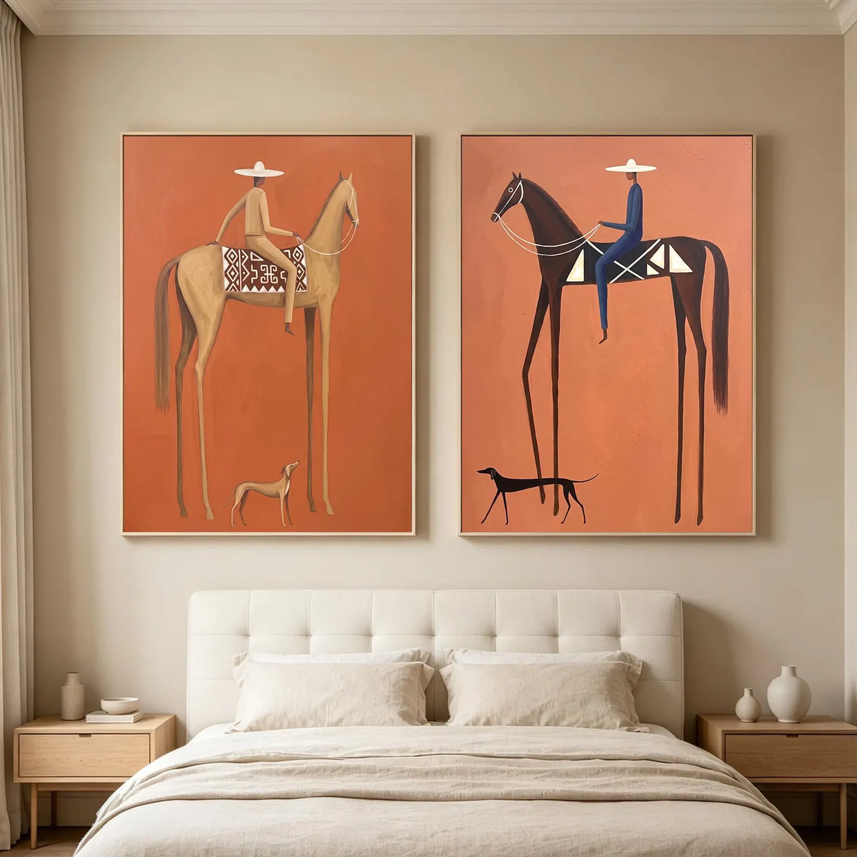 "Terracotta Tall Horse Rider Pair" - Modern Heavy Impasto Western Animal Artwork | Orange Palette Knife Painting | Luxury Two-Panel Vertical Wall Art #PT 2590
