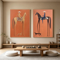 "Terracotta Tall Horse Rider Pair" - Modern Heavy Impasto Western Animal Artwork | Orange Palette Knife Painting | Luxury Two-Panel Vertical Wall Art #PT 2590