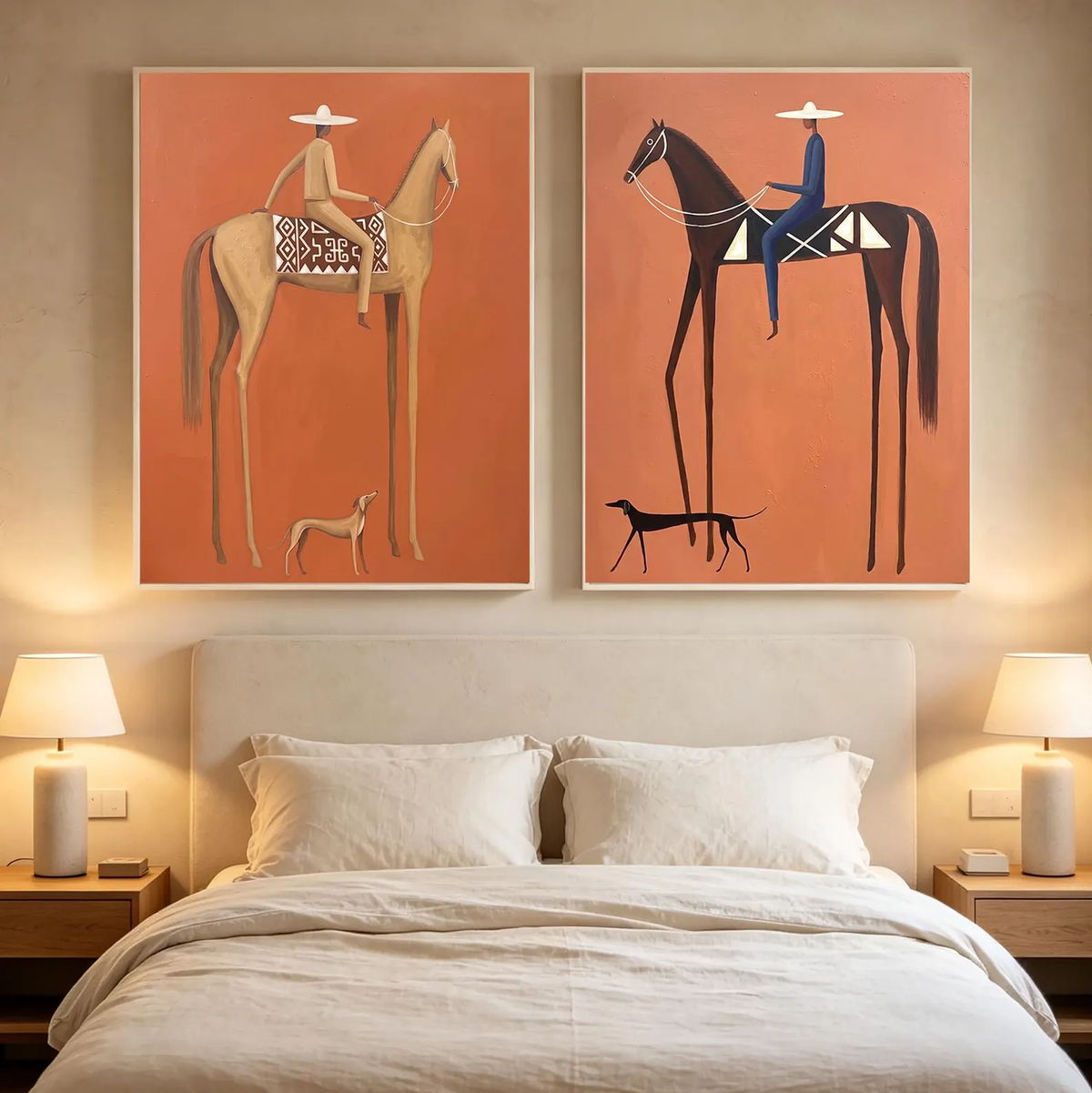 "Terracotta Tall Horse Rider Pair" - Modern Heavy Impasto Western Animal Artwork | Orange Palette Knife Painting | Luxury Two-Panel Vertical Wall Art #PT 2590