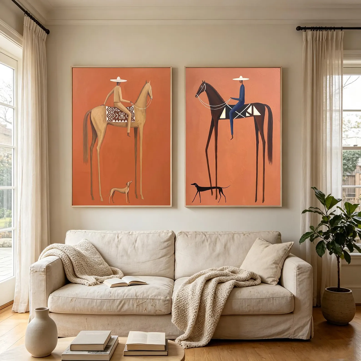 "Terracotta Tall Horse Rider Pair" - Modern Heavy Impasto Western Animal Artwork | Orange Palette Knife Painting | Luxury Two-Panel Vertical Wall Art #PT 2590