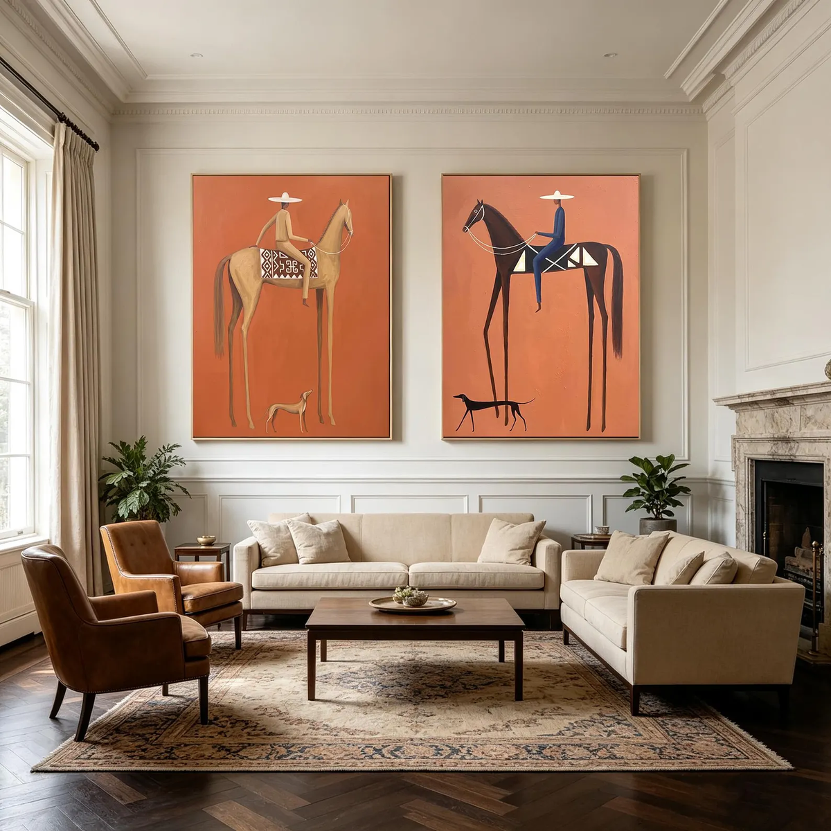 "Terracotta Tall Horse Rider Pair" - Modern Heavy Impasto Western Animal Artwork | Orange Palette Knife Painting | Luxury Two-Panel Vertical Wall Art #PT 2590