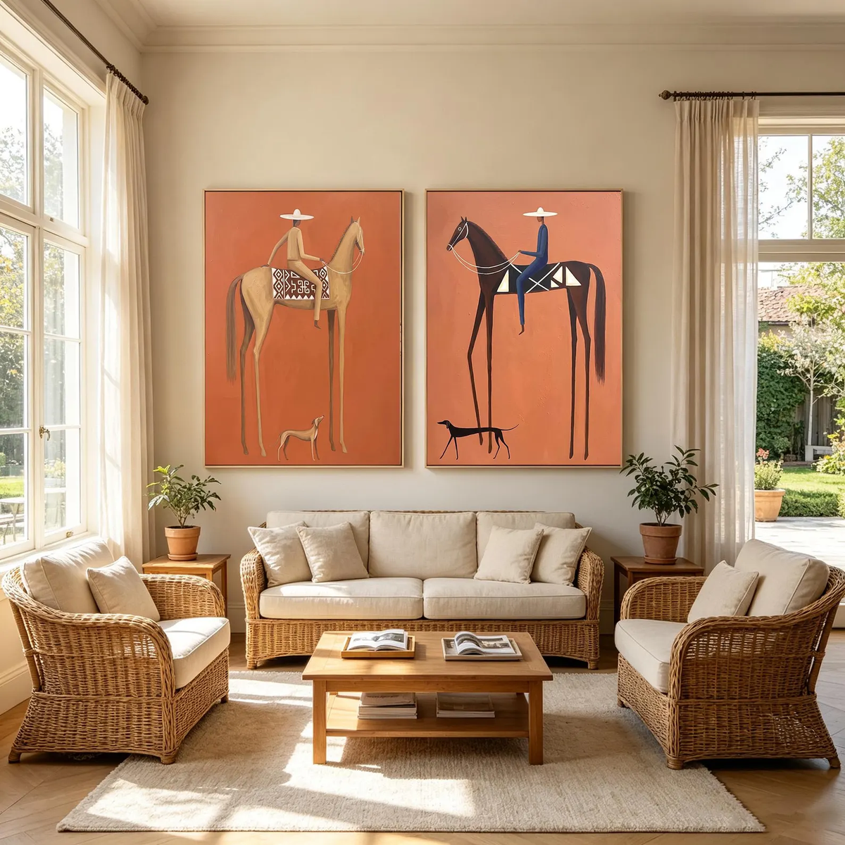 "Terracotta Tall Horse Rider Pair" - Modern Heavy Impasto Western Animal Artwork | Orange Palette Knife Painting | Luxury Two-Panel Vertical Wall Art #PT 2590