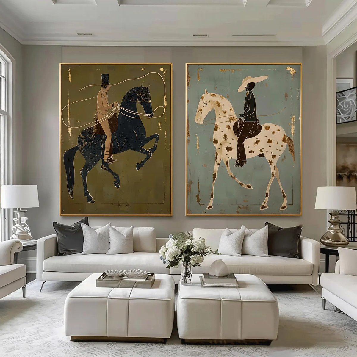 "Olive & Sage Green Horse Rider Pair" - Modern Heavy Impasto Western Animal Artwork | Golden Palette Knife Painting | Luxury Two-Panel Vertical Wall Art #PT 2587