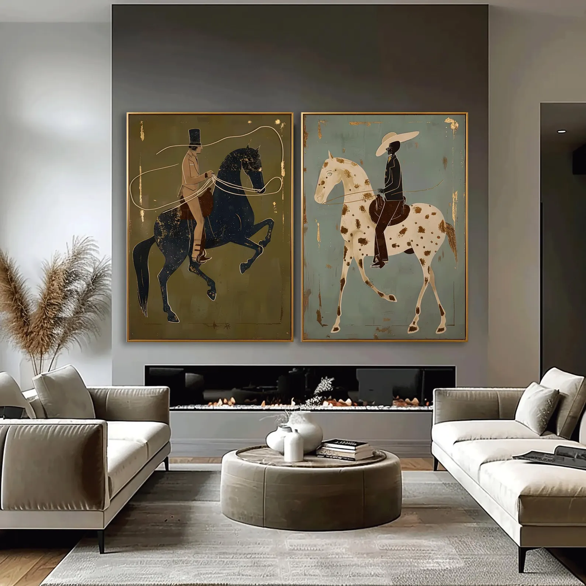 "Olive & Sage Green Horse Rider Pair" - Modern Heavy Impasto Western Animal Artwork | Golden Palette Knife Painting | Luxury Two-Panel Vertical Wall Art #PT 2587