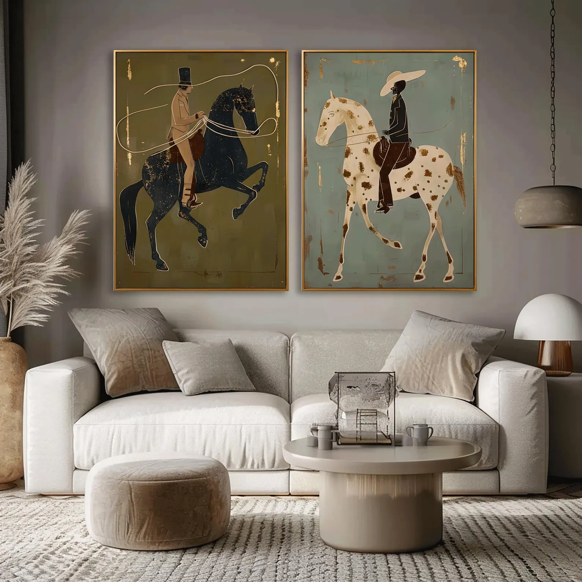 "Olive & Sage Green Horse Rider Pair" - Modern Heavy Impasto Western Animal Artwork | Golden Palette Knife Painting | Luxury Two-Panel Vertical Wall Art #PT 2587
