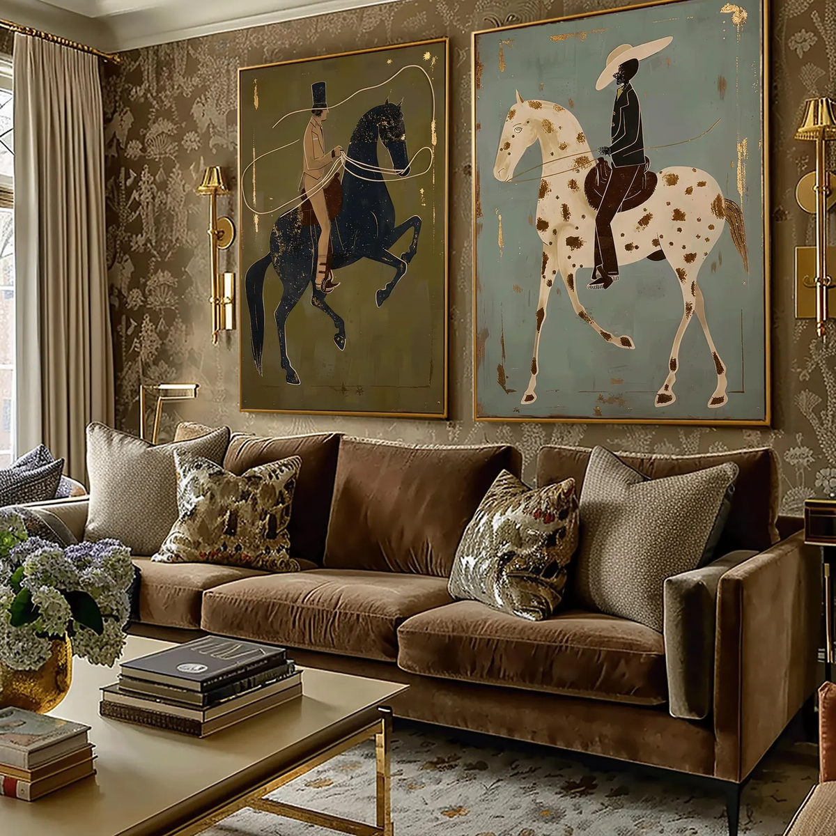"Olive & Sage Green Horse Rider Pair" - Modern Heavy Impasto Western Animal Artwork | Golden Palette Knife Painting | Luxury Two-Panel Vertical Wall Art #PT 2587