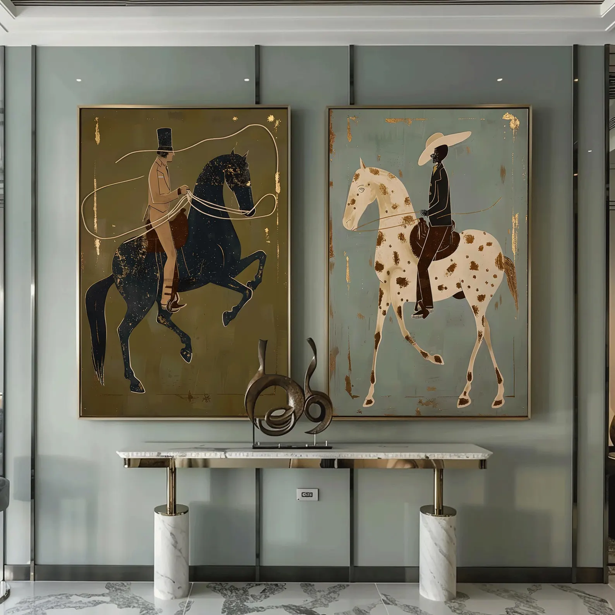 "Olive & Sage Green Horse Rider Pair" - Modern Heavy Impasto Western Animal Artwork | Golden Palette Knife Painting | Luxury Two-Panel Vertical Wall Art #PT 2587