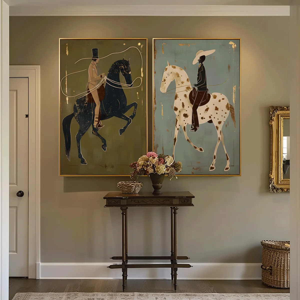 "Olive & Sage Green Horse Rider Pair" - Modern Heavy Impasto Western Animal Artwork | Golden Palette Knife Painting | Luxury Two-Panel Vertical Wall Art #PT 2587