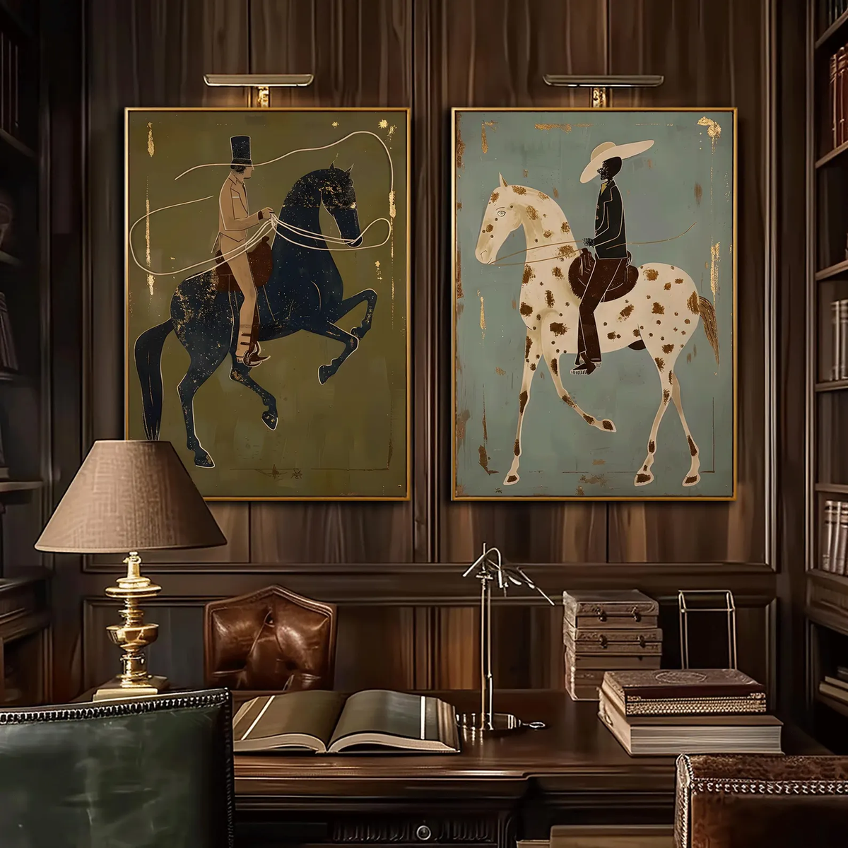 "Olive & Sage Green Horse Rider Pair" - Modern Heavy Impasto Western Animal Artwork | Golden Palette Knife Painting | Luxury Two-Panel Vertical Wall Art #PT 2587