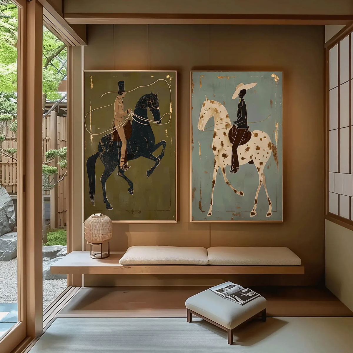 "Olive & Sage Green Horse Rider Pair" - Modern Heavy Impasto Western Animal Artwork | Golden Palette Knife Painting | Luxury Two-Panel Vertical Wall Art #PT 2587