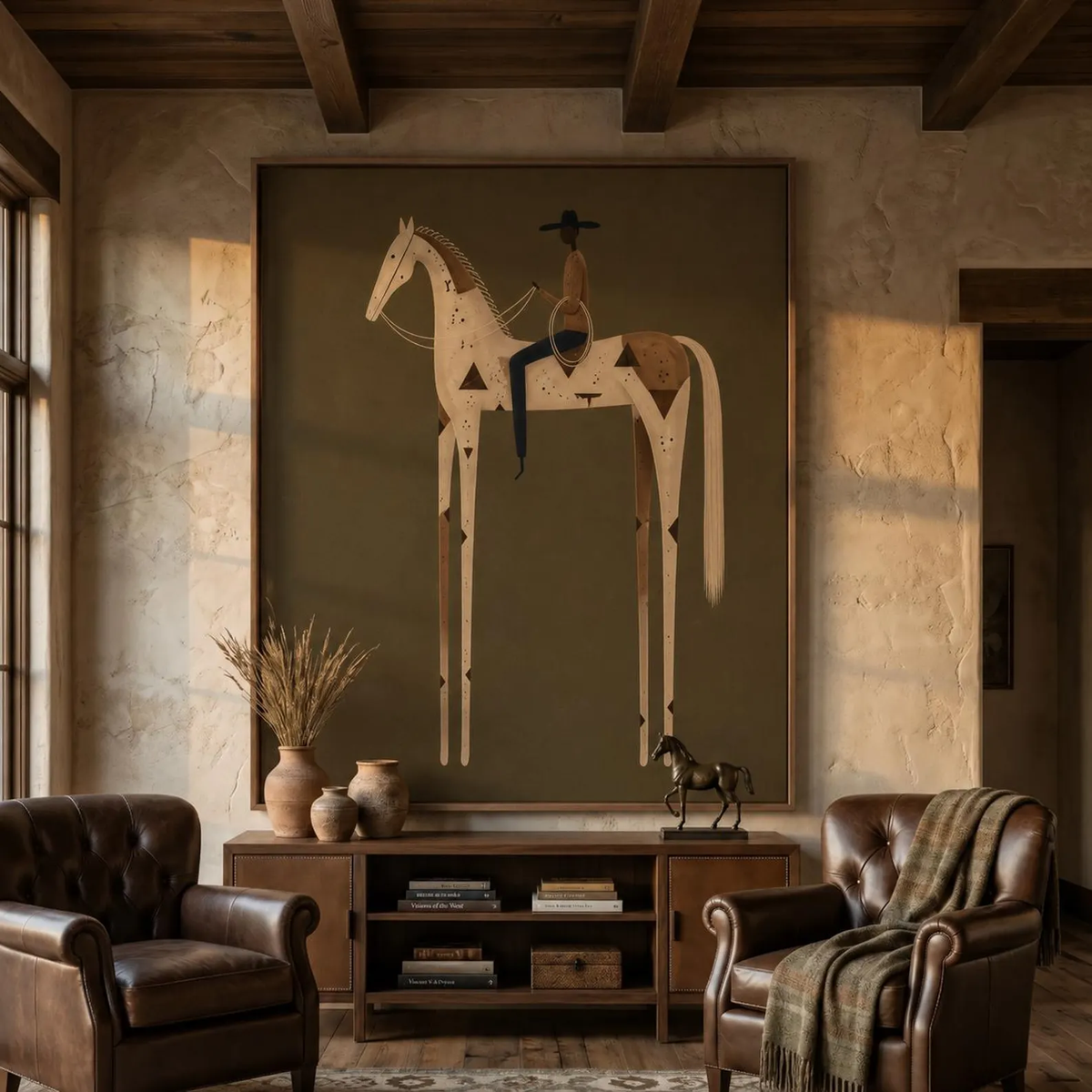 "Olive Green Stylized Horse Rider" - Modern Heavy Impasto Western Animal Artwork | Golden Palette Knife Painting | Luxury Vertical Wall Art #PT 2589