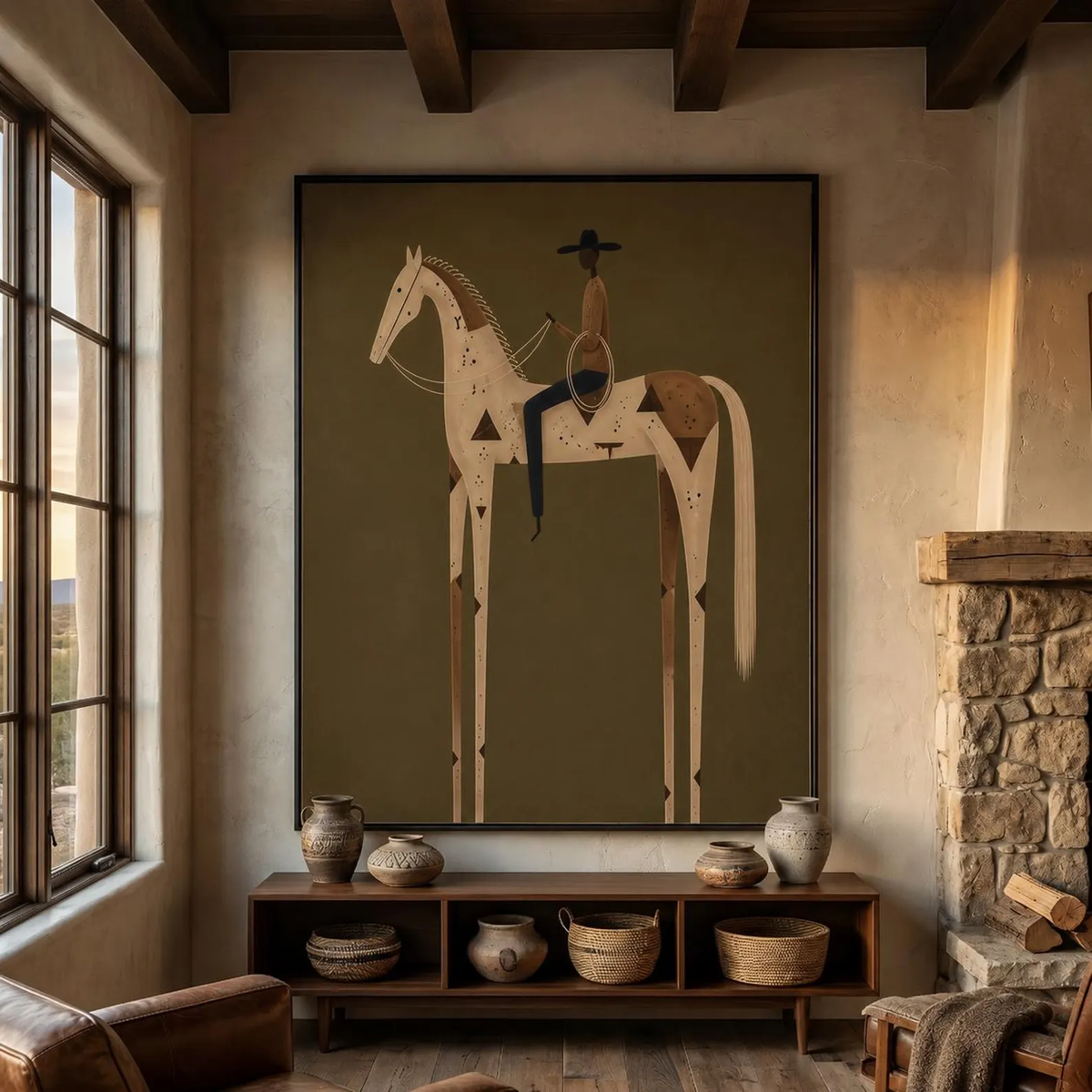 "Olive Green Stylized Horse Rider" - Modern Heavy Impasto Western Animal Artwork | Golden Palette Knife Painting | Luxury Vertical Wall Art #PT 2589