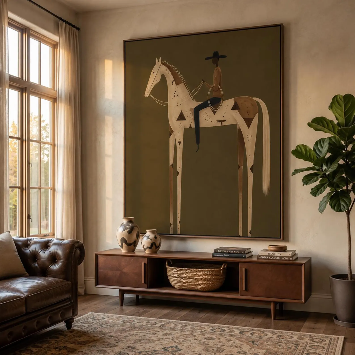 "Olive Green Stylized Horse Rider" - Modern Heavy Impasto Western Animal Artwork | Golden Palette Knife Painting | Luxury Vertical Wall Art #PT 2589