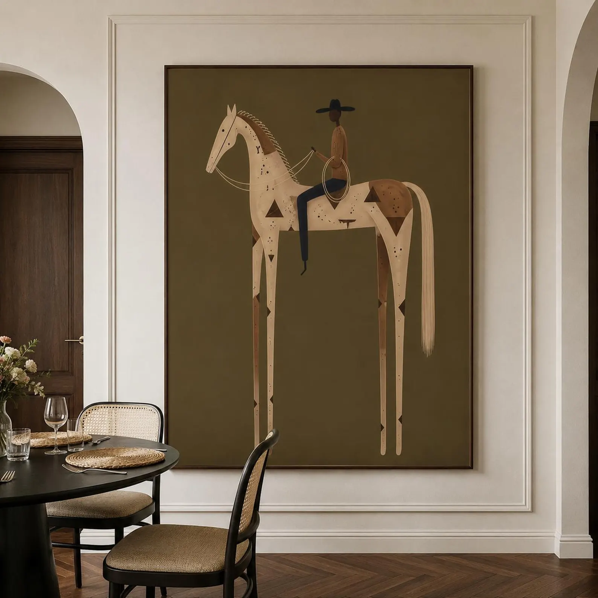 "Olive Green Stylized Horse Rider" - Modern Heavy Impasto Western Animal Artwork | Golden Palette Knife Painting | Luxury Vertical Wall Art #PT 2589