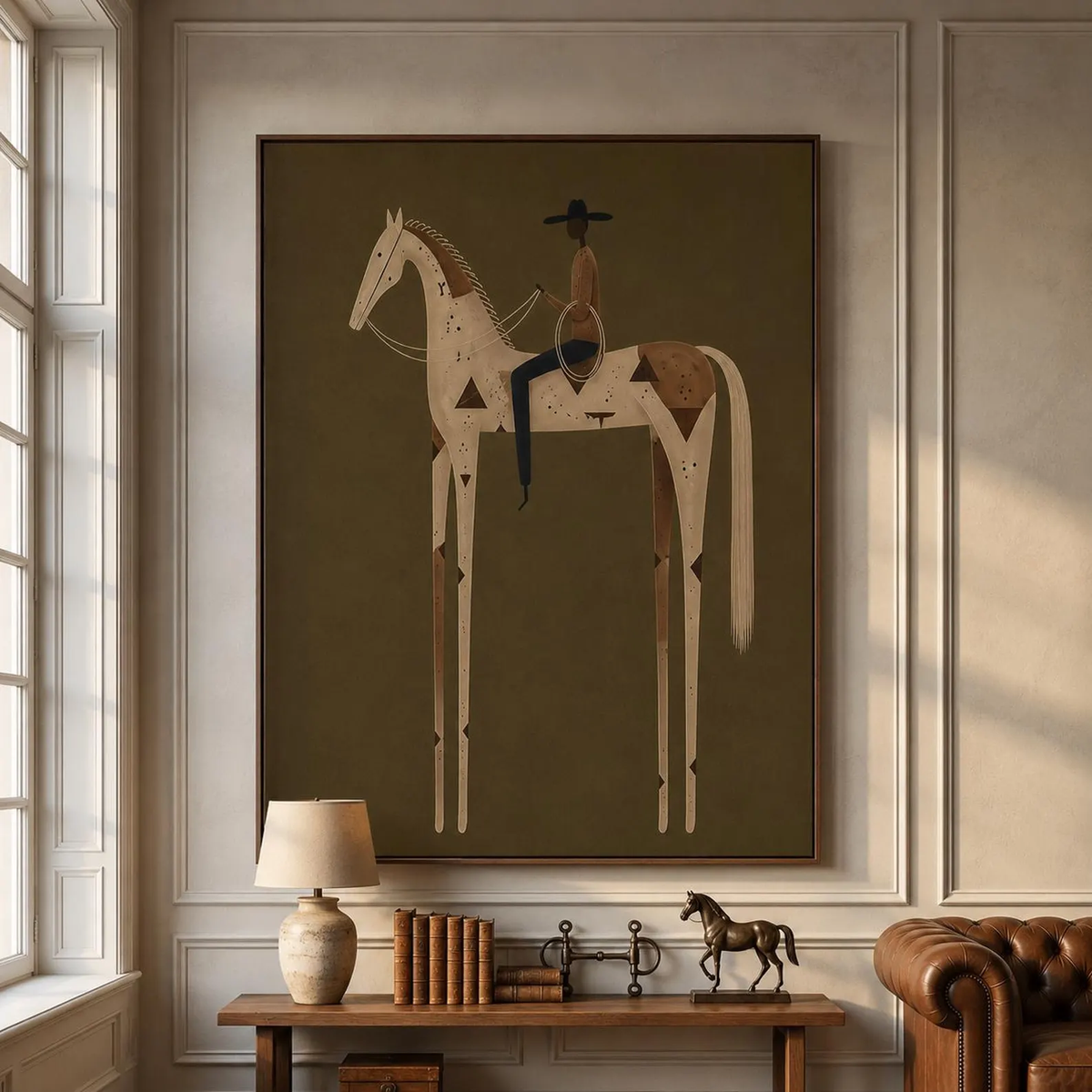 "Olive Green Stylized Horse Rider" - Modern Heavy Impasto Western Animal Artwork | Golden Palette Knife Painting | Luxury Vertical Wall Art #PT 2589