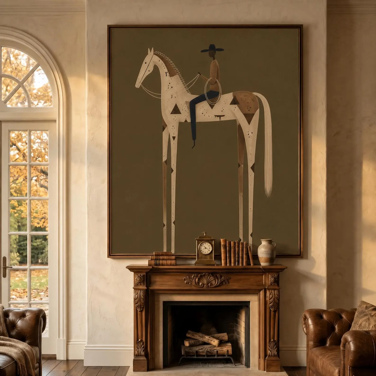 "Olive Green Stylized Horse Rider" - Modern Heavy Impasto Western Animal Artwork | Golden Palette Knife Painting | Luxury Vertical Wall Art #PT 2589