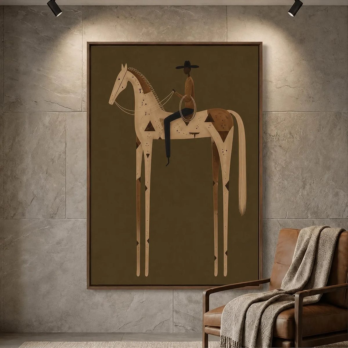 "Olive Green Stylized Horse Rider" - Modern Heavy Impasto Western Animal Artwork | Golden Palette Knife Painting | Luxury Vertical Wall Art #PT 2589