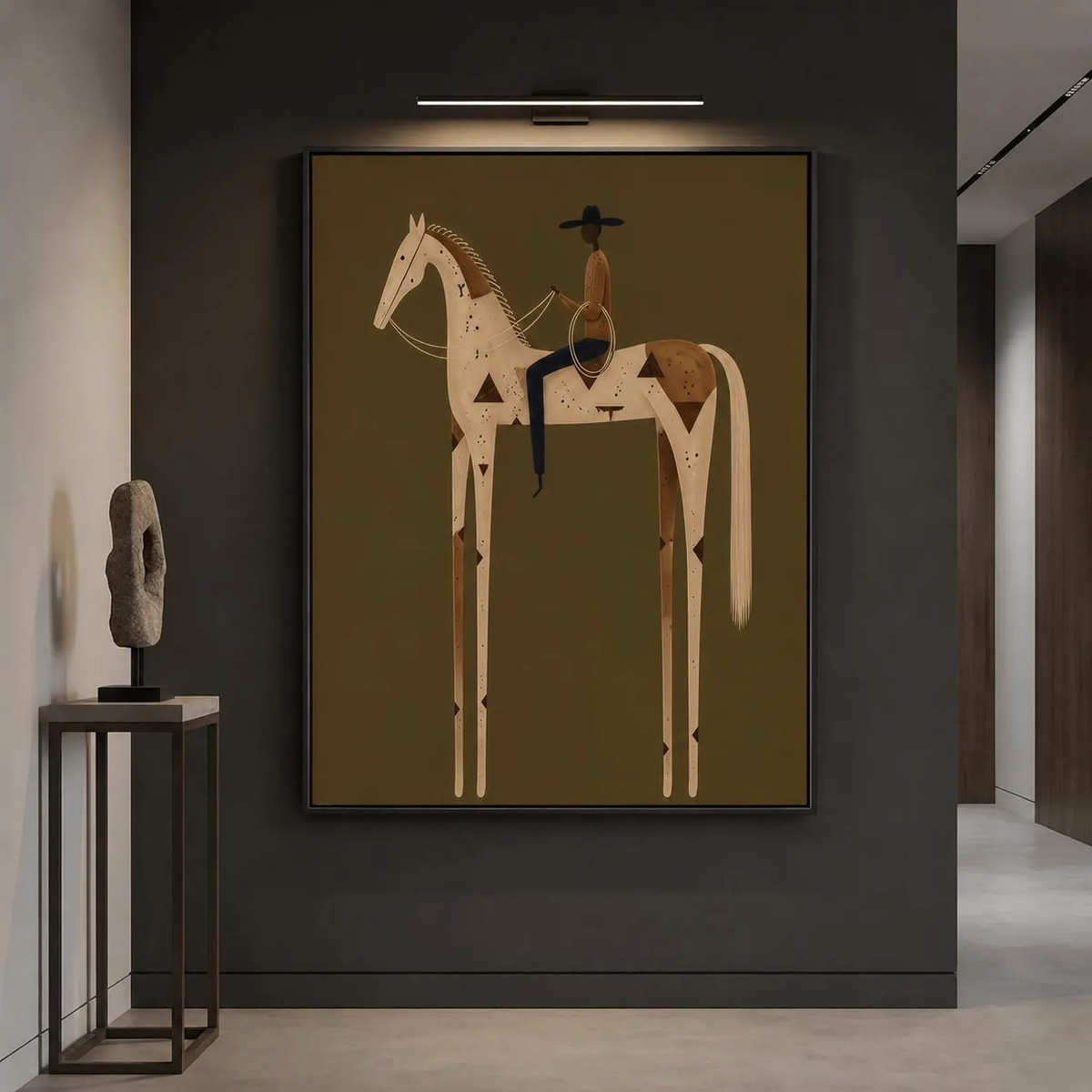 "Olive Green Stylized Horse Rider" - Modern Heavy Impasto Western Animal Artwork | Golden Palette Knife Painting | Luxury Vertical Wall Art #PT 2589