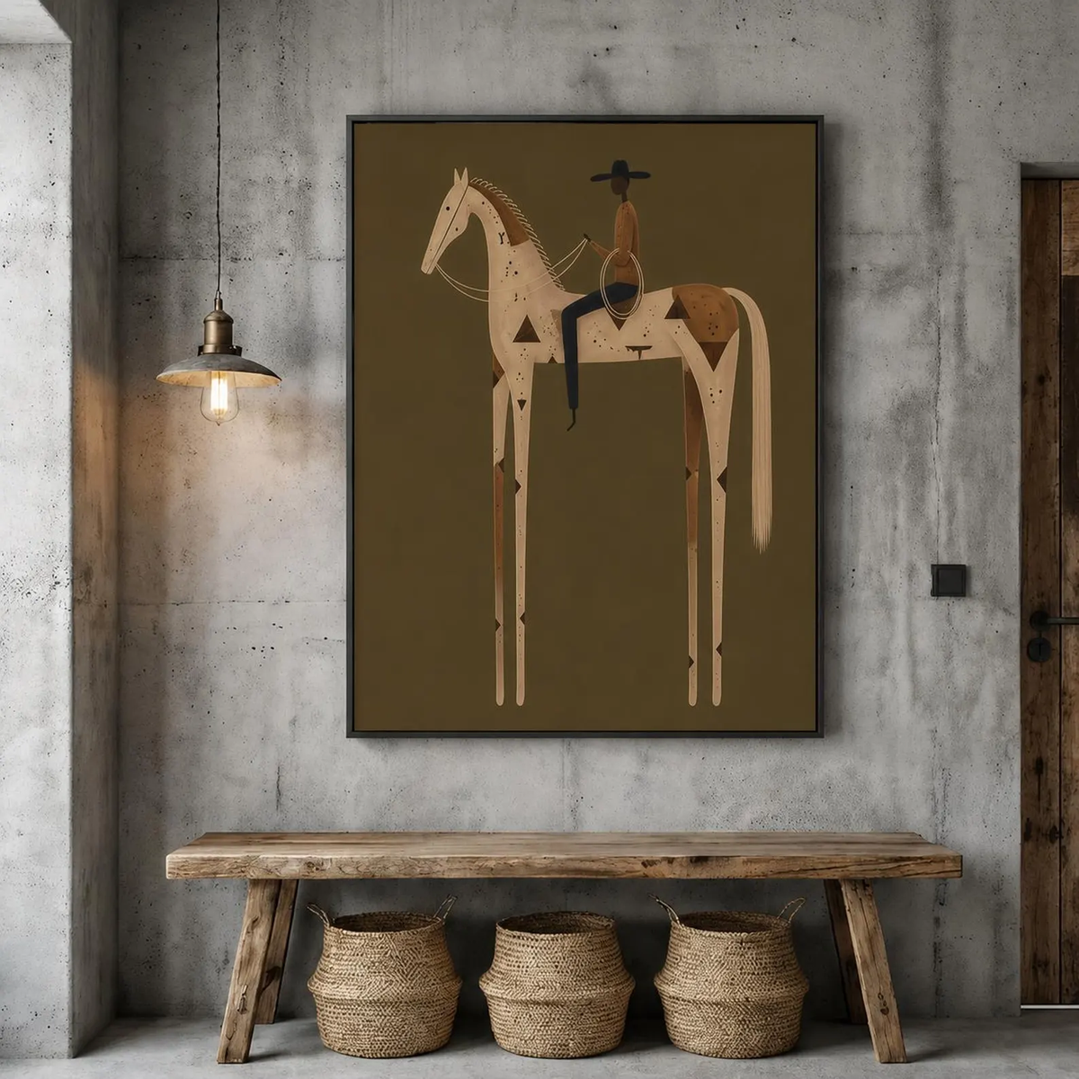 "Olive Green Stylized Horse Rider" - Modern Heavy Impasto Western Animal Artwork | Golden Palette Knife Painting | Luxury Vertical Wall Art #PT 2589