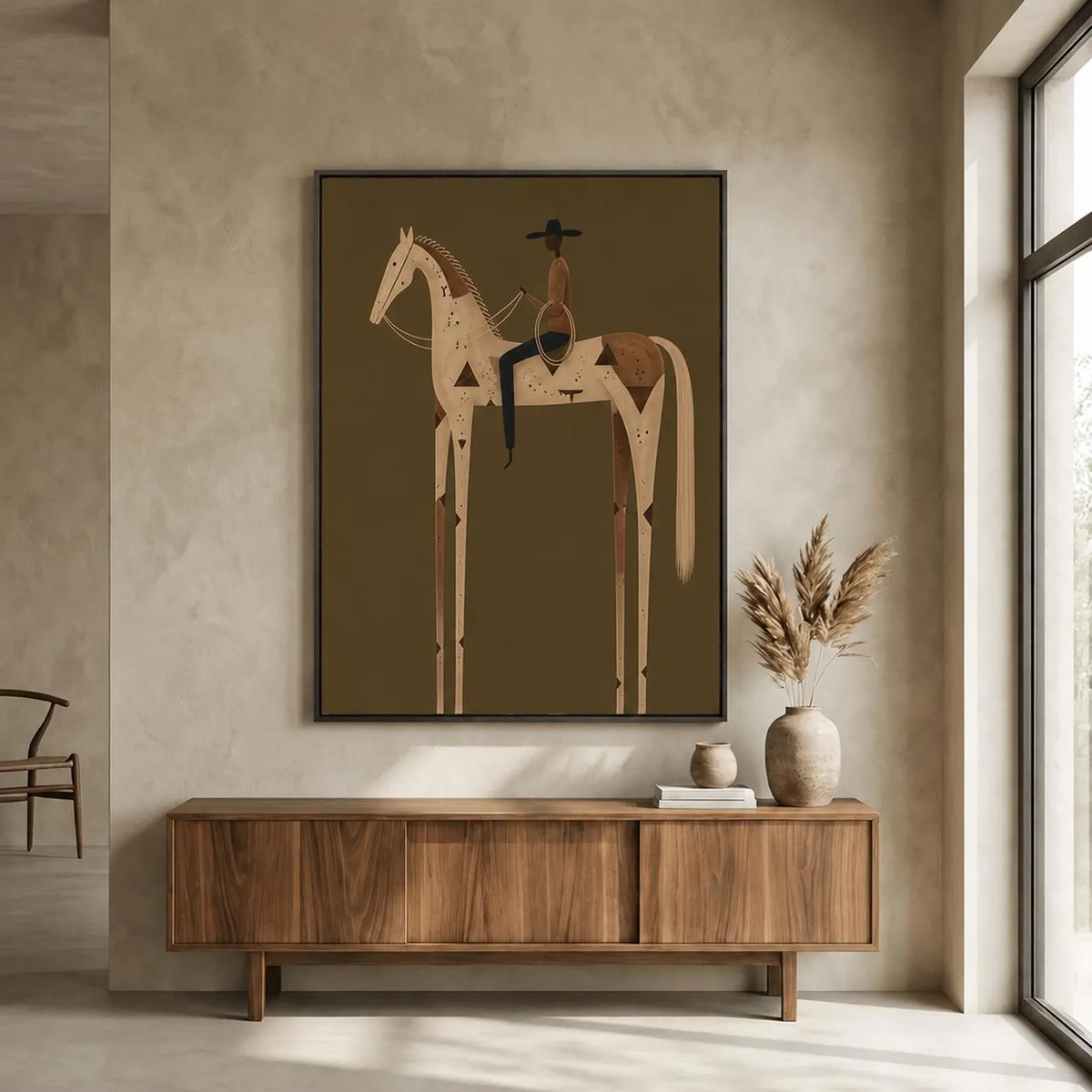 "Olive Green Stylized Horse Rider" - Modern Heavy Impasto Western Animal Artwork | Golden Palette Knife Painting | Luxury Vertical Wall Art #PT 2589