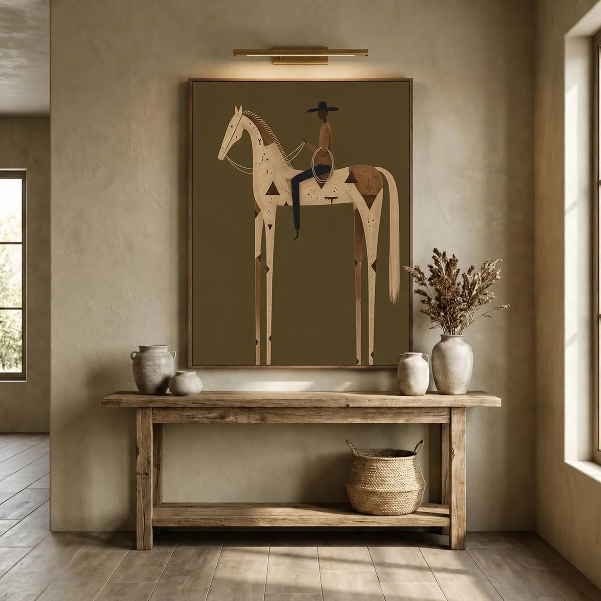 "Olive Green Stylized Horse Rider" - Modern Heavy Impasto Western Animal Artwork | Golden Palette Knife Painting | Luxury Vertical Wall Art #PT 2589