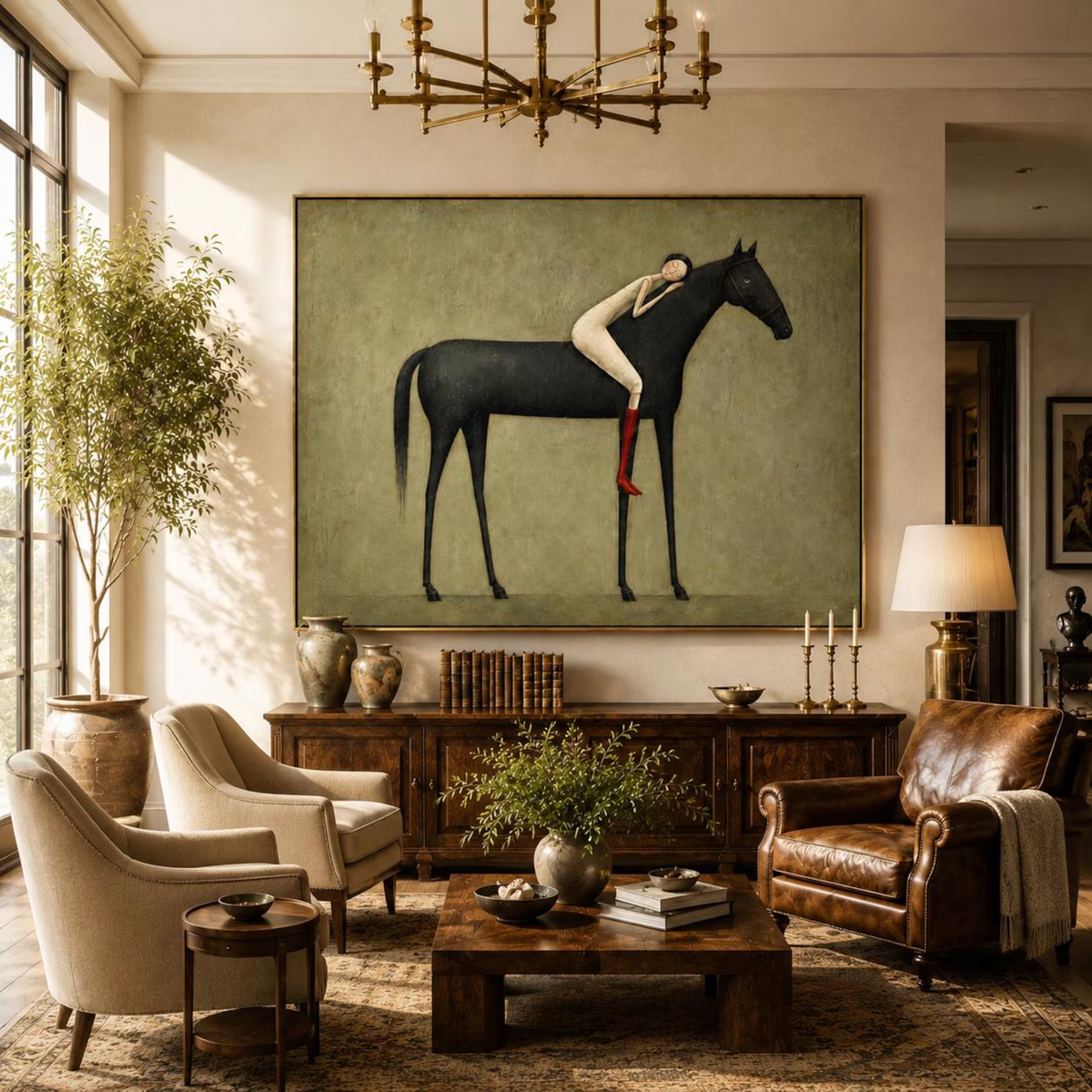 "Abstract Minimalist Horse Hug Figure" - Modern Heavy Impasto Western Animal Artwork | Black & Green Palette Knife Painting | Luxury Horizontal Wall Art #PT 2586