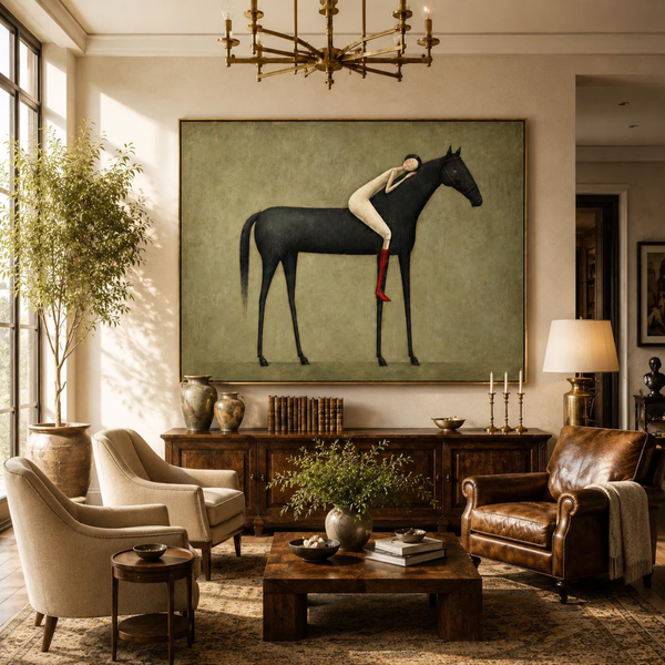 "Abstract Minimalist Horse Hug Figure" - Modern Heavy Impasto Western Animal Artwork | Black & Green Palette Knife Painting | Luxury Horizontal Wall Art #PT 2586