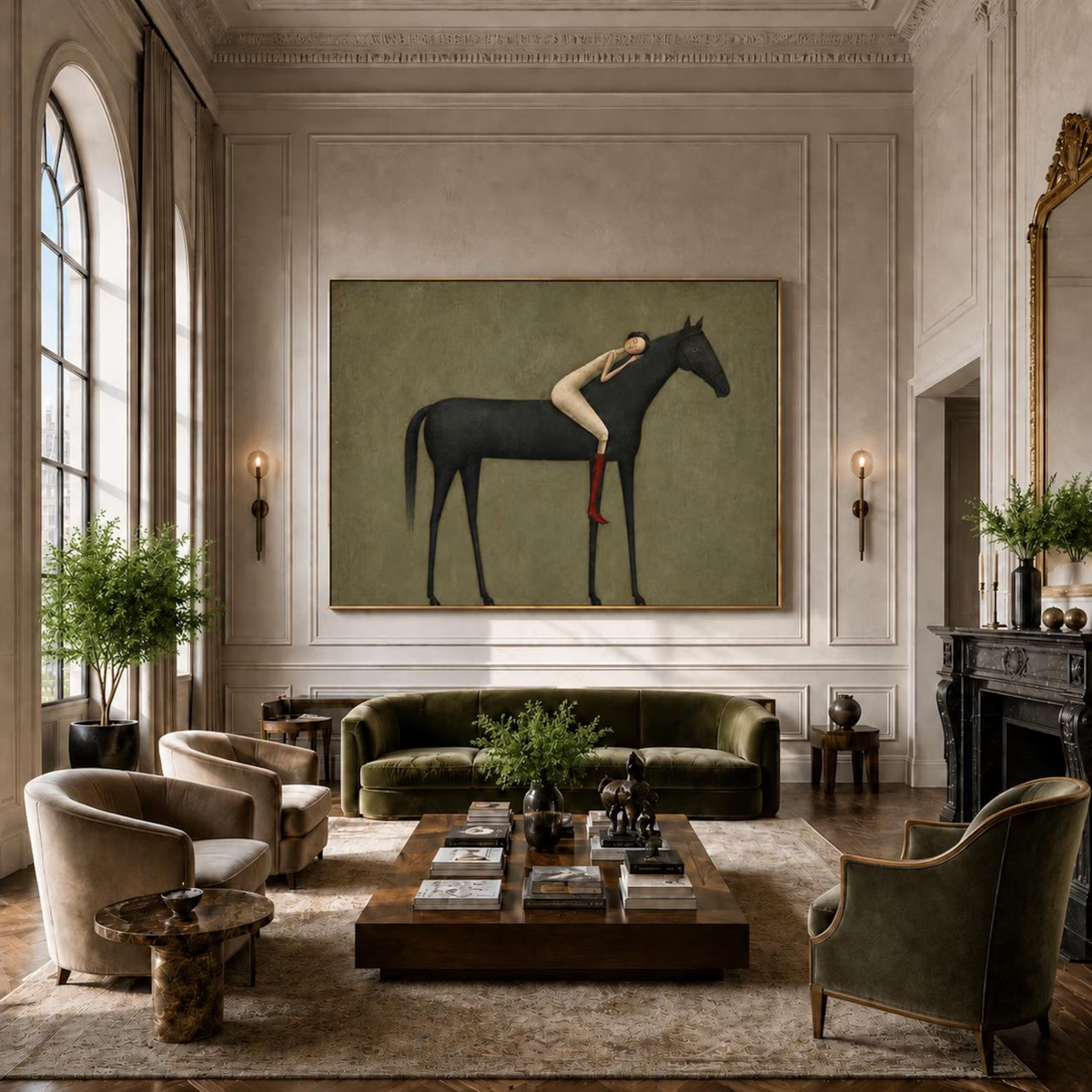 "Abstract Minimalist Horse Hug Figure" - Modern Heavy Impasto Western Animal Artwork | Black & Green Palette Knife Painting | Luxury Horizontal Wall Art #PT 2586