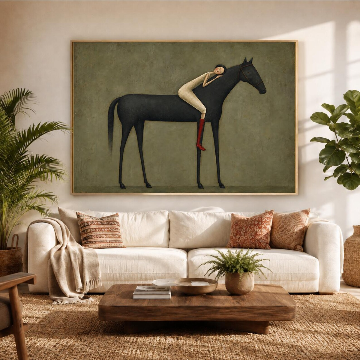 "Abstract Minimalist Horse Hug Figure" - Modern Heavy Impasto Western Animal Artwork | Black & Green Palette Knife Painting | Luxury Horizontal Wall Art #PT 2586