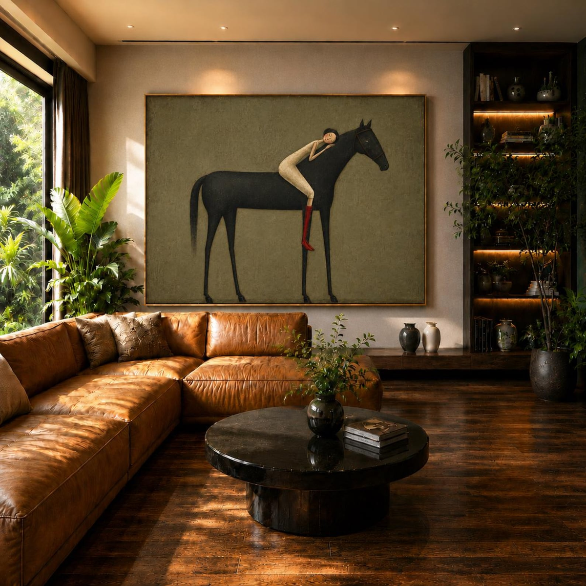 "Abstract Minimalist Horse Hug Figure" - Modern Heavy Impasto Western Animal Artwork | Black & Green Palette Knife Painting | Luxury Horizontal Wall Art #PT 2586