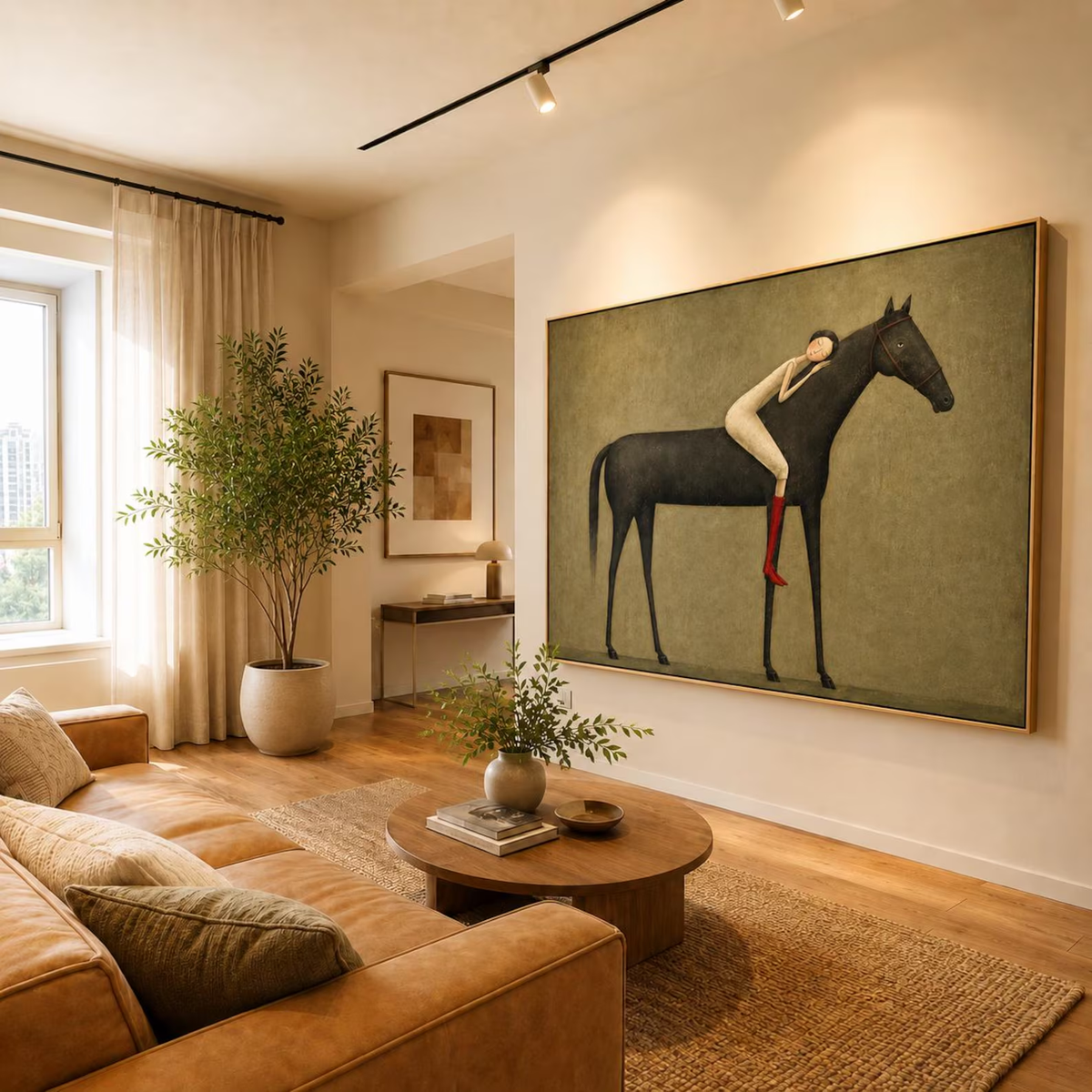 "Abstract Minimalist Horse Hug Figure" - Modern Heavy Impasto Western Animal Artwork | Black & Green Palette Knife Painting | Luxury Horizontal Wall Art #PT 2586