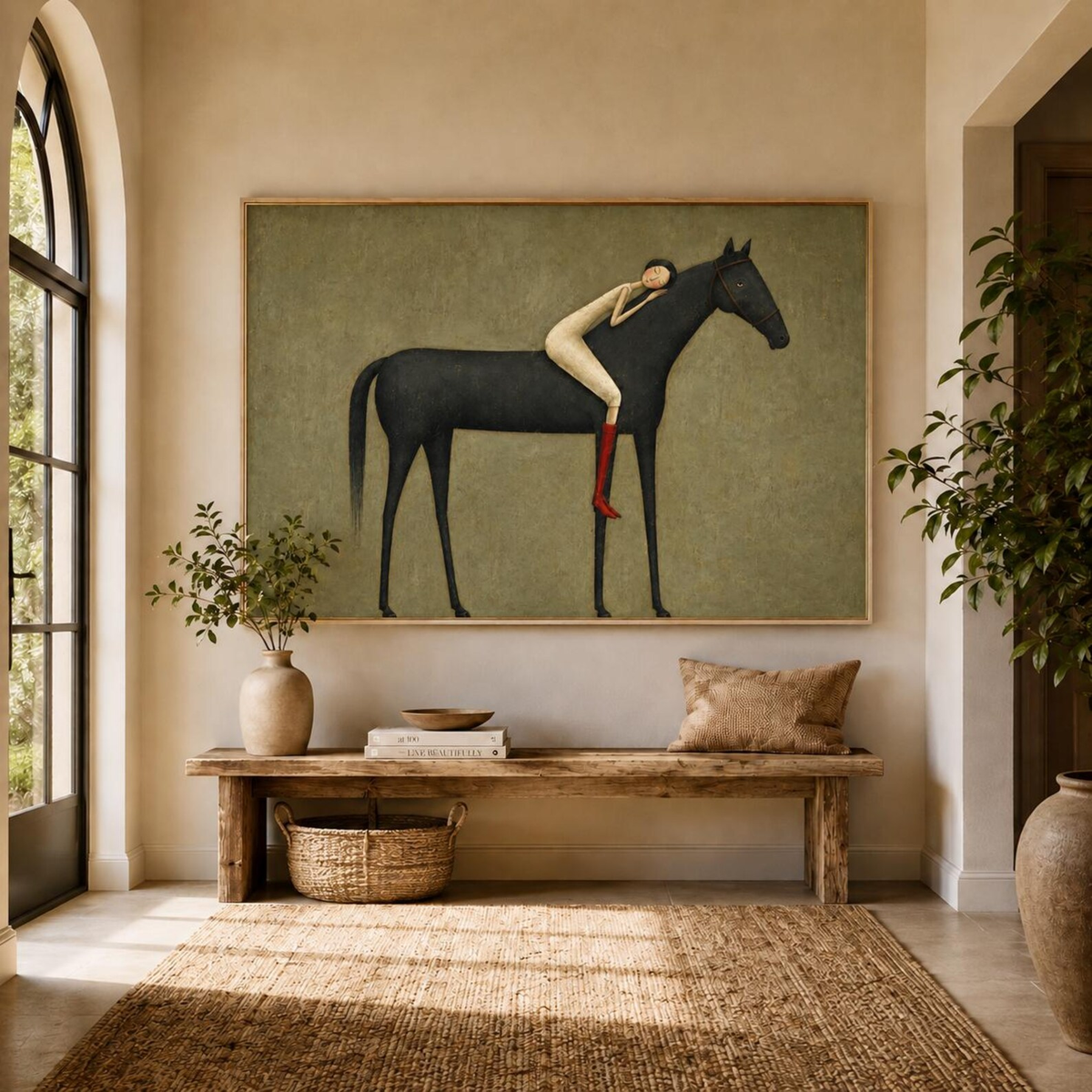 "Abstract Minimalist Horse Hug Figure" - Modern Heavy Impasto Western Animal Artwork | Black & Green Palette Knife Painting | Luxury Horizontal Wall Art #PT 2586