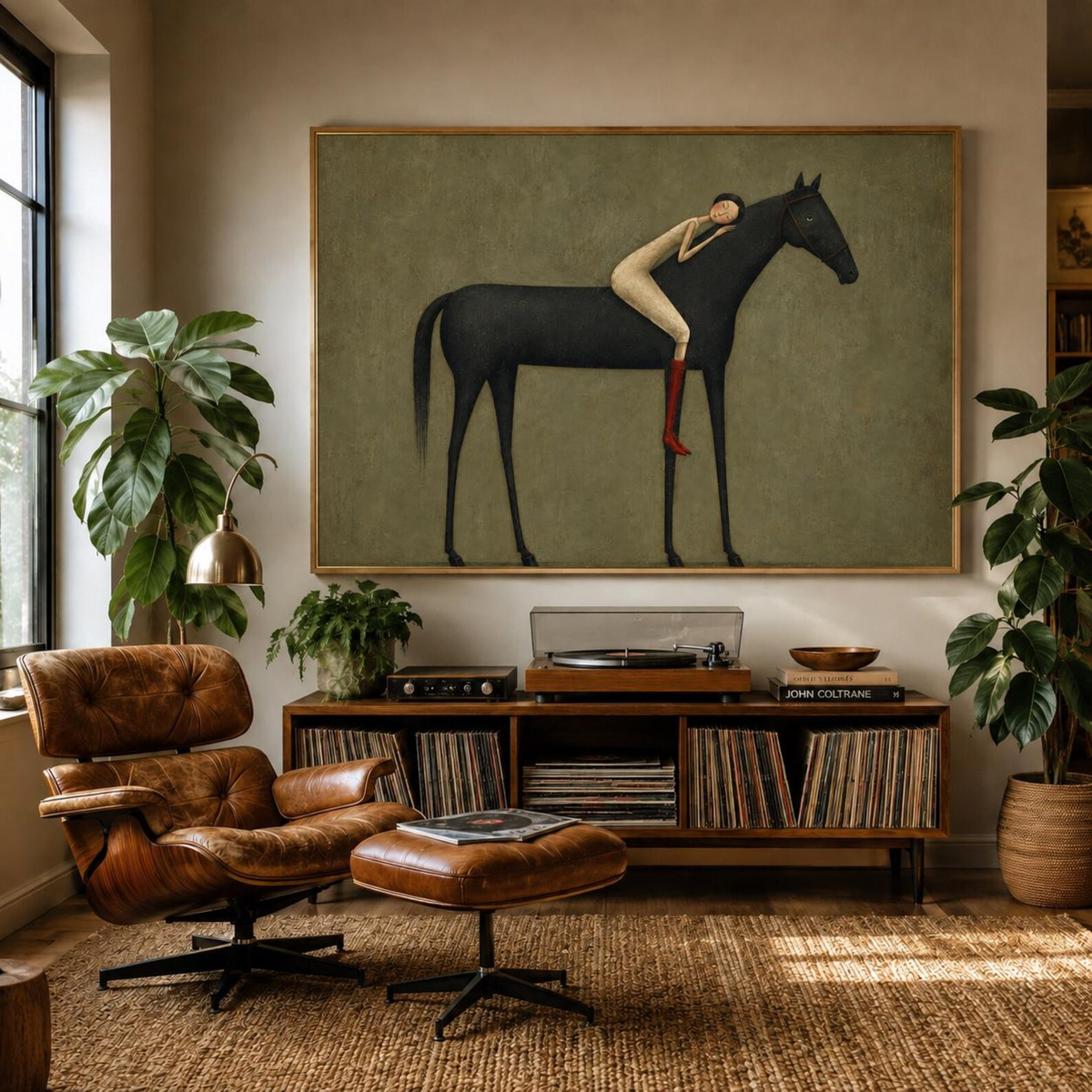 "Abstract Minimalist Horse Hug Figure" - Modern Heavy Impasto Western Animal Artwork | Black & Green Palette Knife Painting | Luxury Horizontal Wall Art #PT 2586