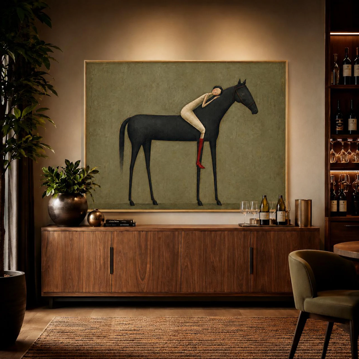 "Abstract Minimalist Horse Hug Figure" - Modern Heavy Impasto Western Animal Artwork | Black & Green Palette Knife Painting | Luxury Horizontal Wall Art #PT 2586
