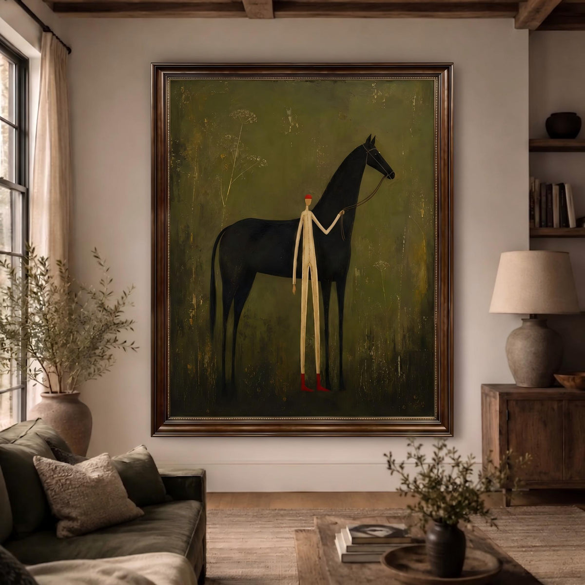 "Faceless man leading horse" - Modern Heavy Impasto Western Animal Artwork | Green Palette Knife Painting | Luxury Vertical Wall Art #PT 2634