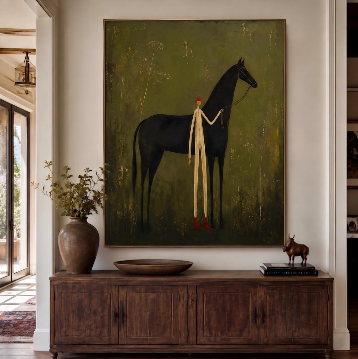 "Faceless man leading horse" - Modern Heavy Impasto Western Animal Artwork | Green Palette Knife Painting | Luxury Vertical Wall Art #PT 2634