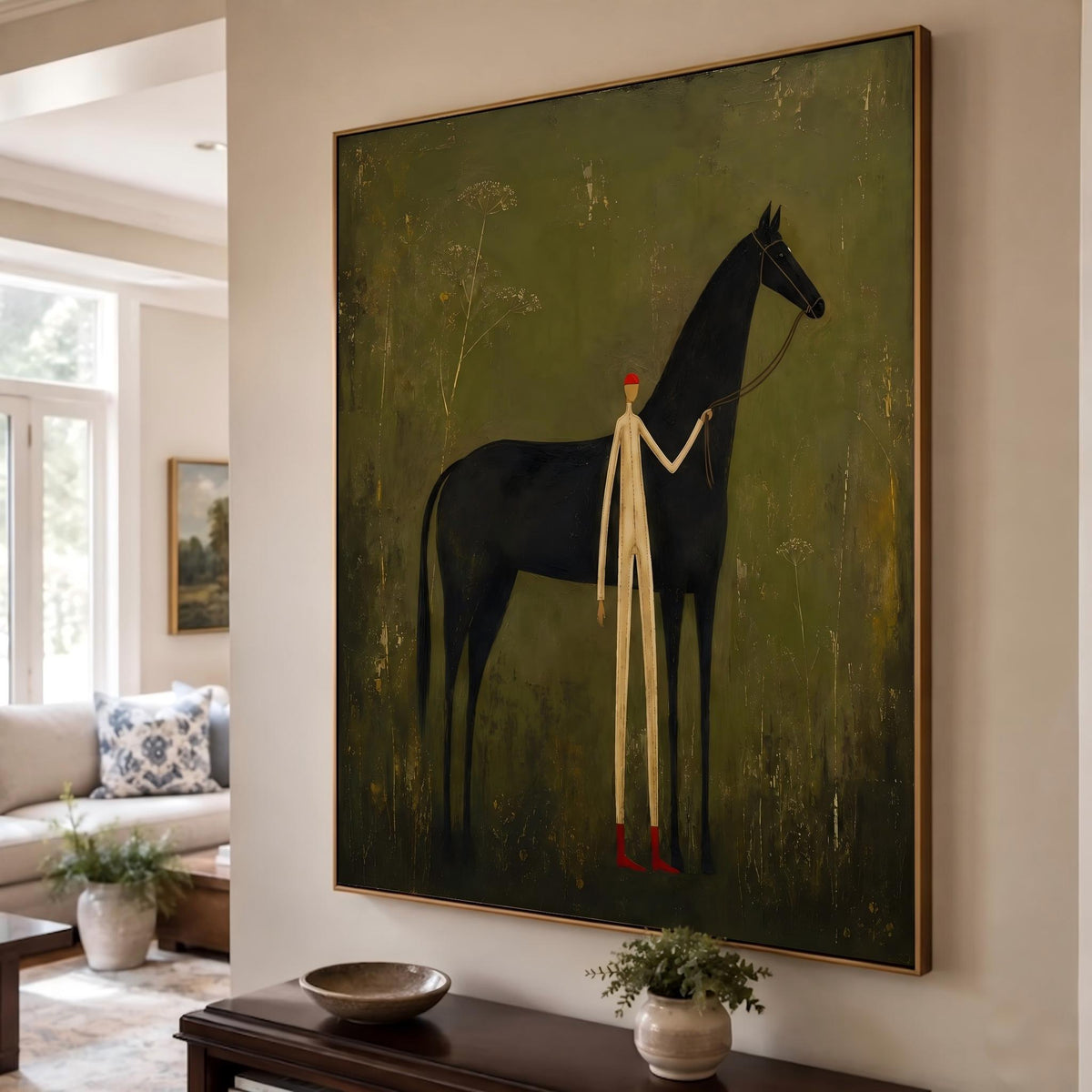 "Faceless man leading horse" - Modern Heavy Impasto Western Animal Artwork | Green Palette Knife Painting | Luxury Vertical Wall Art #PT 2634