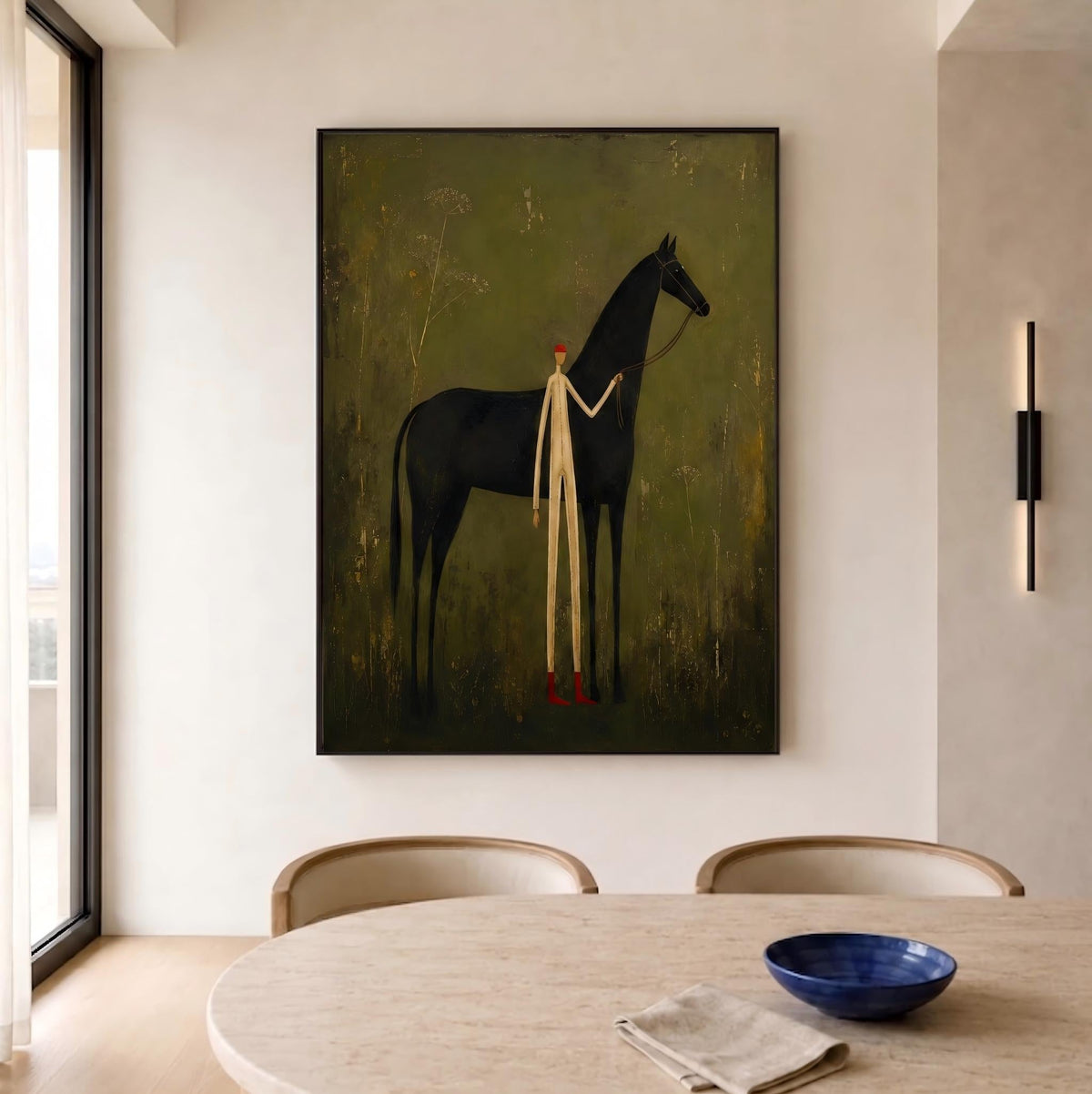 "Faceless man leading horse" - Modern Heavy Impasto Western Animal Artwork | Green Palette Knife Painting | Luxury Vertical Wall Art #PT 2634