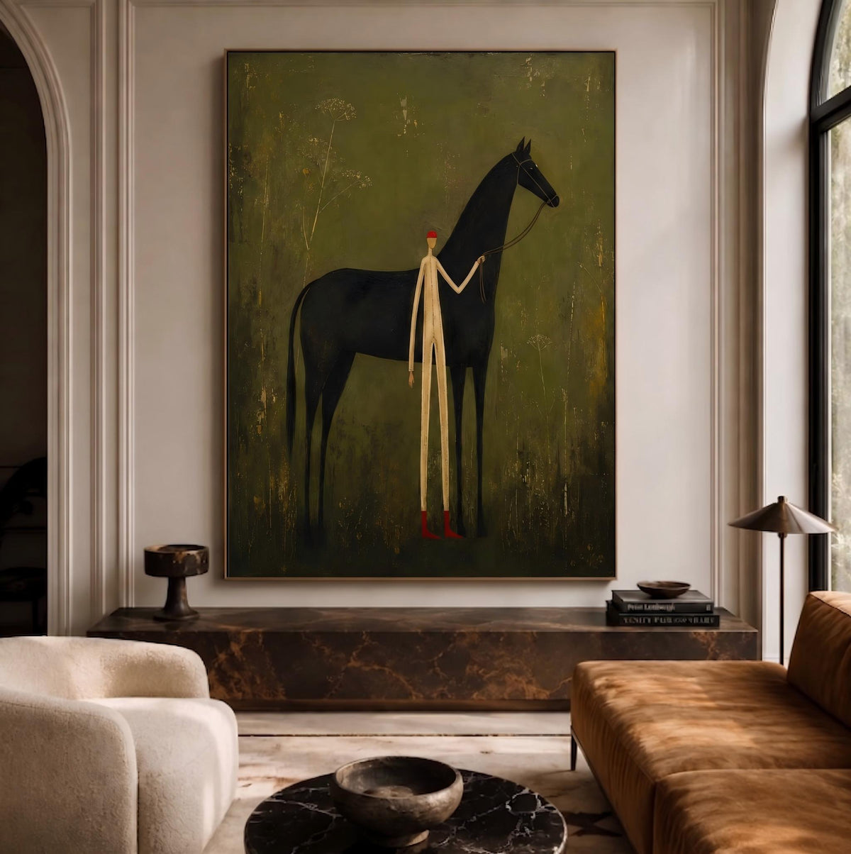 "Faceless man leading horse" - Modern Heavy Impasto Western Animal Artwork | Green Palette Knife Painting | Luxury Vertical Wall Art #PT 2634