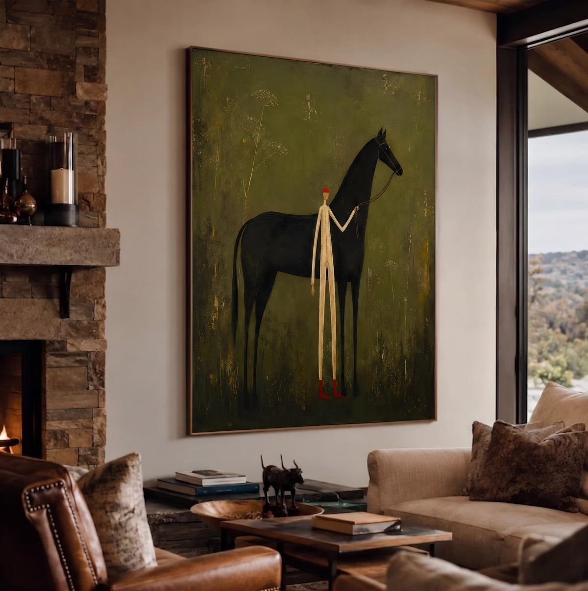 "Faceless man leading horse" - Modern Heavy Impasto Western Animal Artwork | Green Palette Knife Painting | Luxury Vertical Wall Art #PT 2634