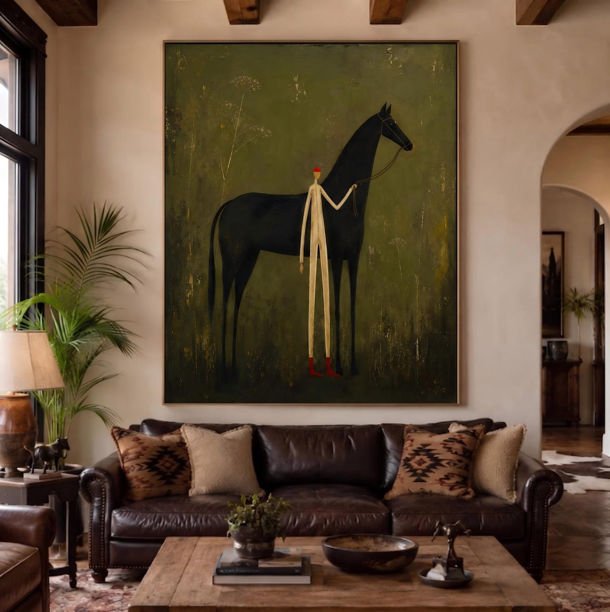 "Faceless man leading horse" - Modern Heavy Impasto Western Animal Artwork | Green Palette Knife Painting | Luxury Vertical Wall Art #PT 2634