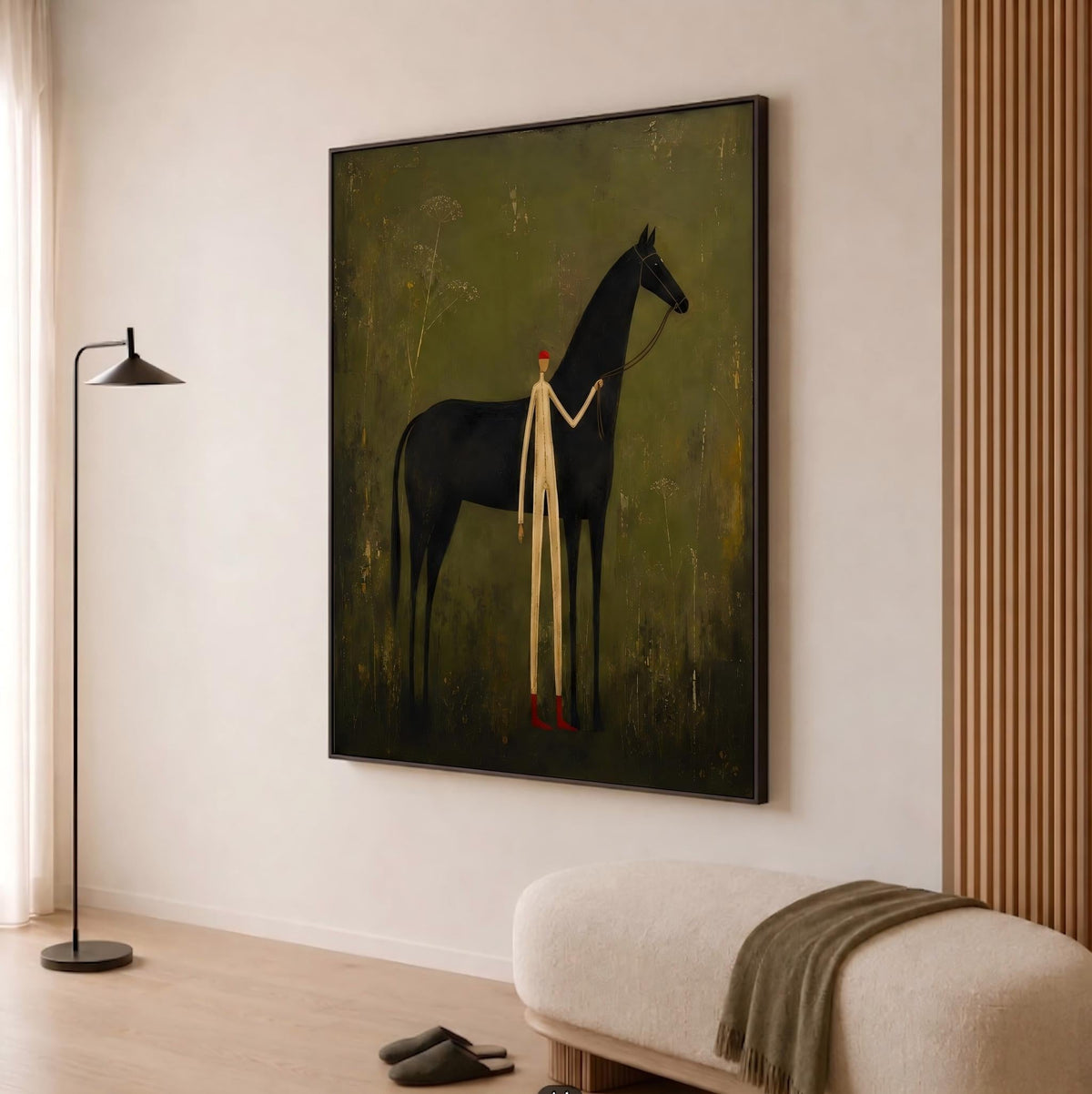 "Faceless man leading horse" - Modern Heavy Impasto Western Animal Artwork | Green Palette Knife Painting | Luxury Vertical Wall Art #PT 2634