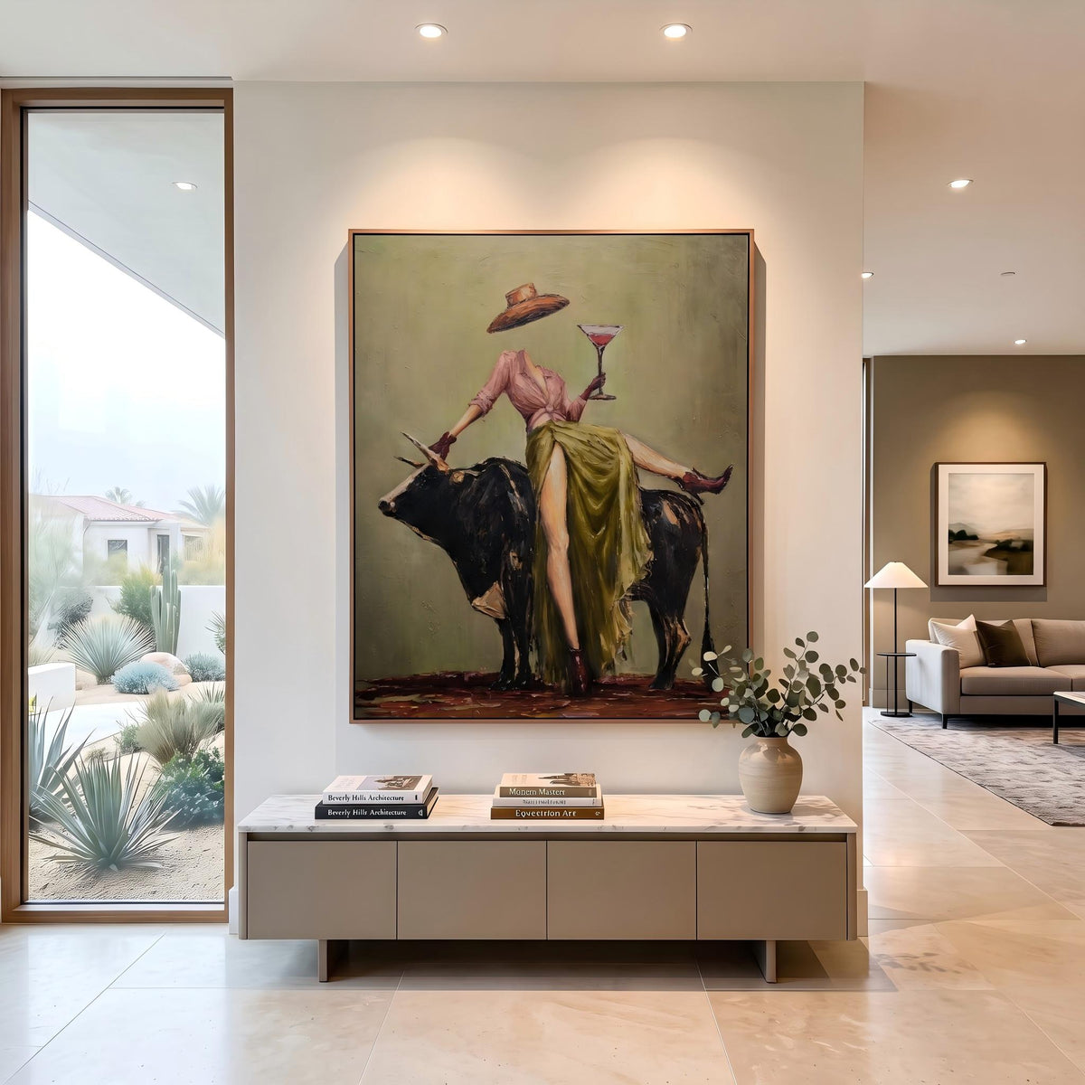 "Cowboy Woman Cocktail" - Modern Heavy Impasto Western Animal Artwork | Green & Pink Palette Knife Painting | Luxury Vertical Wall Art #PT 2633