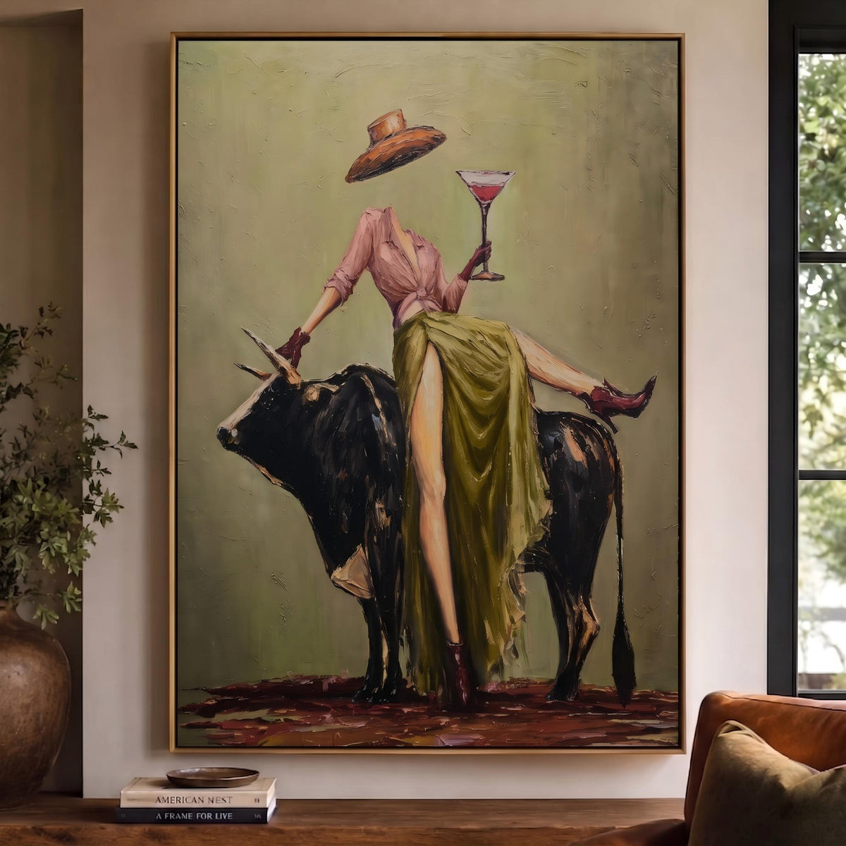 "Cowboy Woman Cocktail" - Modern Heavy Impasto Western Animal Artwork | Green & Pink Palette Knife Painting | Luxury Vertical Wall Art #PT 2633